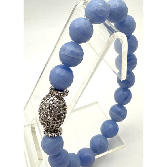 Whimsy Faceted Blue Lace Agate Beaded Stretch Bracelet Zircon Pave Oval Beads - Picture 2 of 7